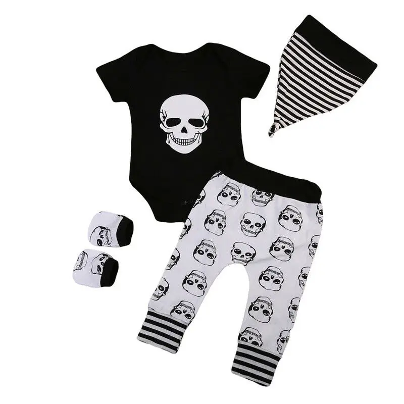 

New 4PCS Infant Baby Boy Girl Skull Tops Bodysuit + Long Pants Hat Gloves Outfits Set Bebes 0-18M
