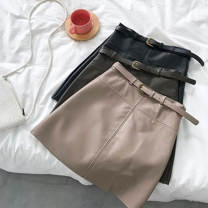 

2019 Spring Summer Women's Solid Color All Match High-waisted Pu Leather Short Skirt with Belt