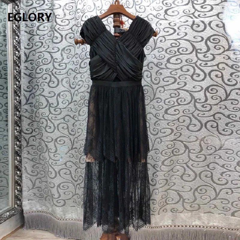 

Hollow Out Sexy Lace Party Elegant Dresses 2019 Summer Fashionable Women Cross V Patterns Sleeveless Mid-Calf Black Dress Club