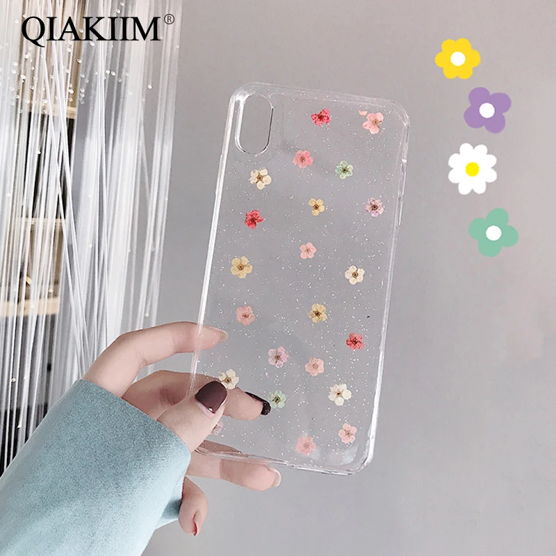 

Real Flowers Dried Flowers Soft TPU Phone Case For iPhone X XS XR XS Max 6 6S 7 8 Plus Transparent Bling beautiful Back Cover