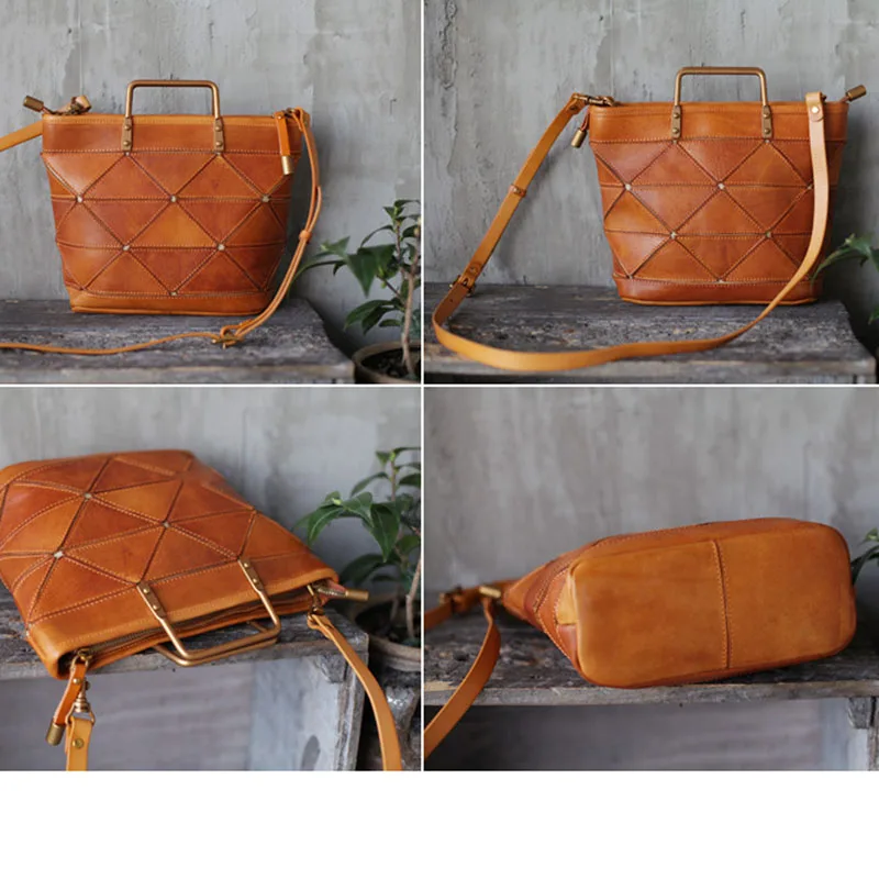 AETOO Retro literary original handmade leather handbag geometric stitching small tote bag casual leather dumpling bag handbag