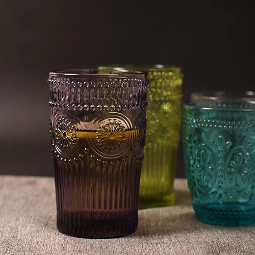 

400ML Retro Engraving Sun Flower Emboss Milk Glass Elegant Coffee Cup Zakka Style Round Wine Glasses High Quality Glassware