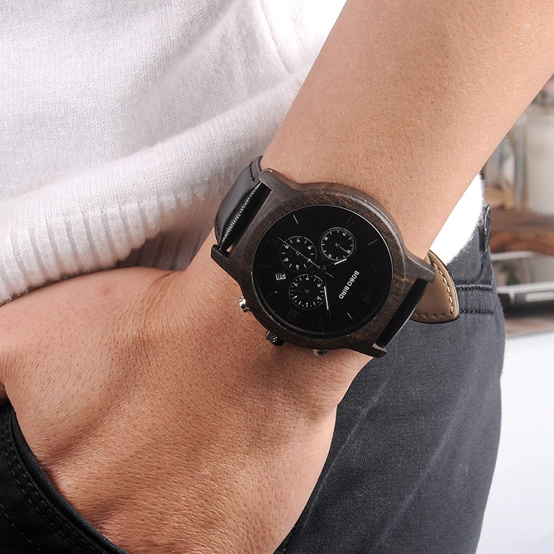 BOBO BIRD WP28 Wooden Mens Watches Luxury Chronograph Quartz Watch with Date Display in Wooden Gift Box