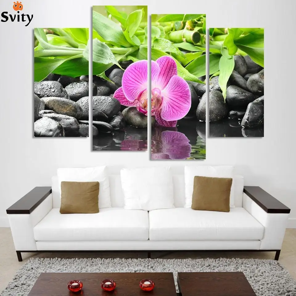 4 Panel Wall Art Botanical Green Feng Shui Orchid Oil Painting On