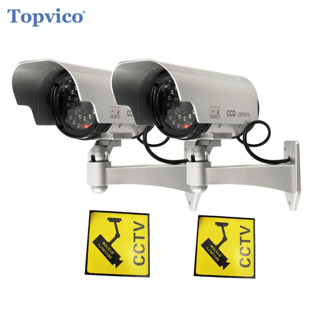 

Topvico 2pcs Dummy Camera Solar + Battery Powered Flicker LED Outdoor Fake Home Security Surveillance Camera Bullet CCTV Camera
