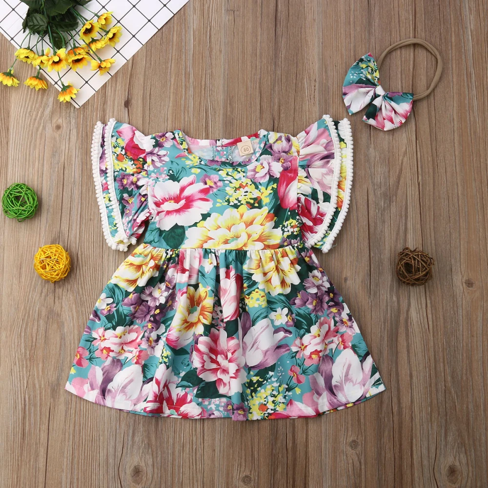 Одинаковые комплекты для семьи; Одинаковая одежда для маленьких девочек и сестер; пляжное платье с цветочным принтом; повязка на голову; От 0 до 4 лет