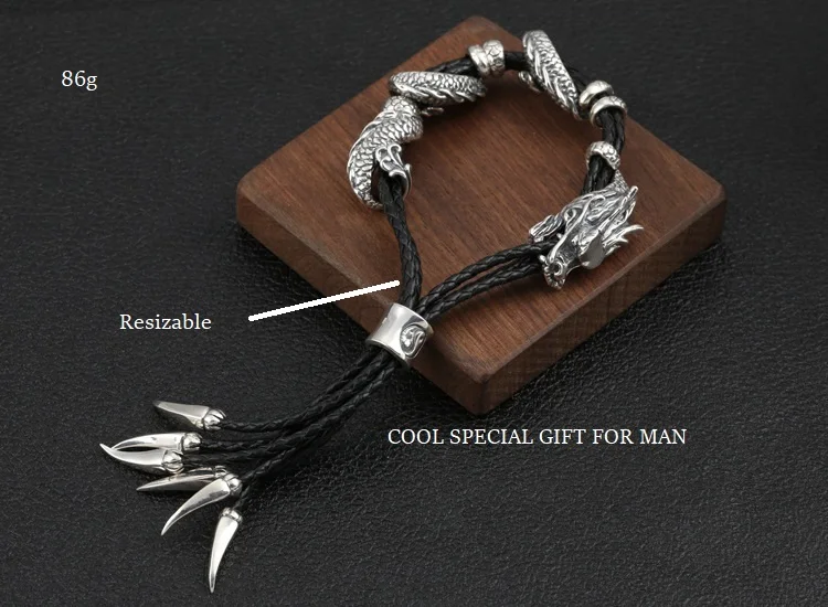 Ручной работы Таиланд 925 Siilver дракон браслет настоящий кожаный браслет винтажный Стерлинговый серебряный мужской браслет