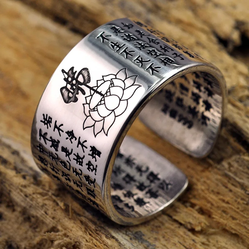 

FNJ 925 Silver Lutos Ring Buddha Xinjing Fashion Original S925 Sterling Silver Rings for Men Jewelry Adjustable Size USA 8-10.5