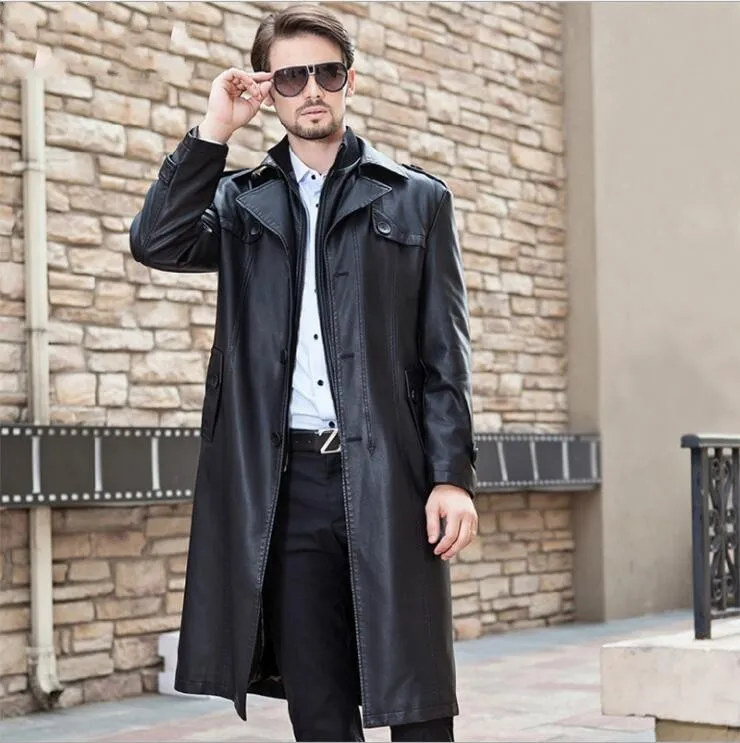 

2019 Winter new Men long Double collar Detachable leather jacket mens sheepskin overcoat male Windbreaker Fashion trench coat