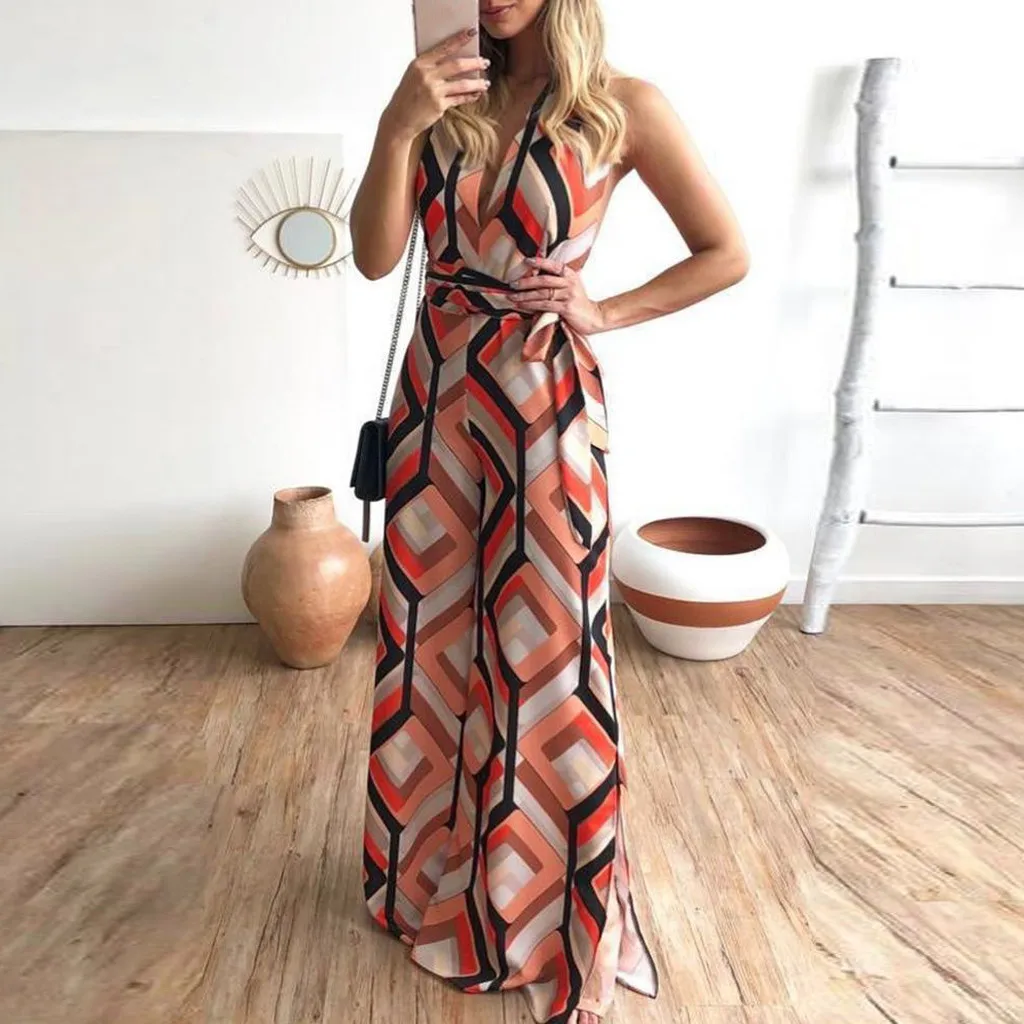 

2019 Womens ladies boho Print jumpsuit romper Strappy Holiday Long Playsuits Trouser Jumpsuit rompers womens jumpsuit clothes