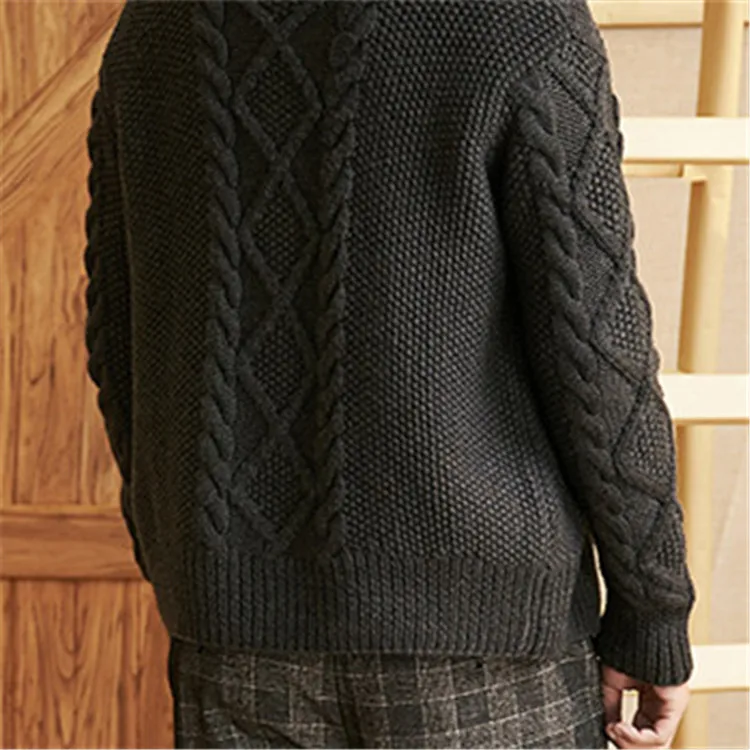  100%hand made pure wool thick knit men korean style solid turn-down collar single breasted cardigan