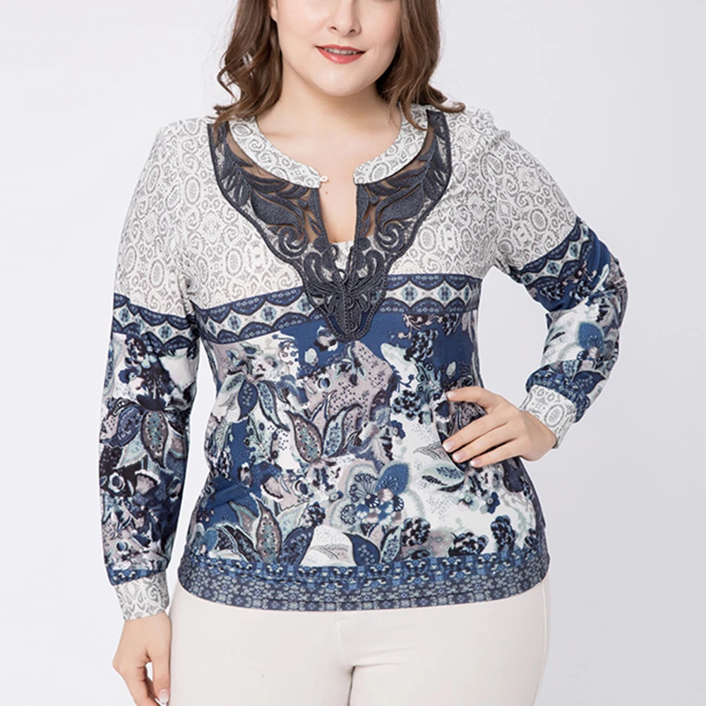 Large Size Ladies Wear To Work Plus Size Vintage Printing Blouse