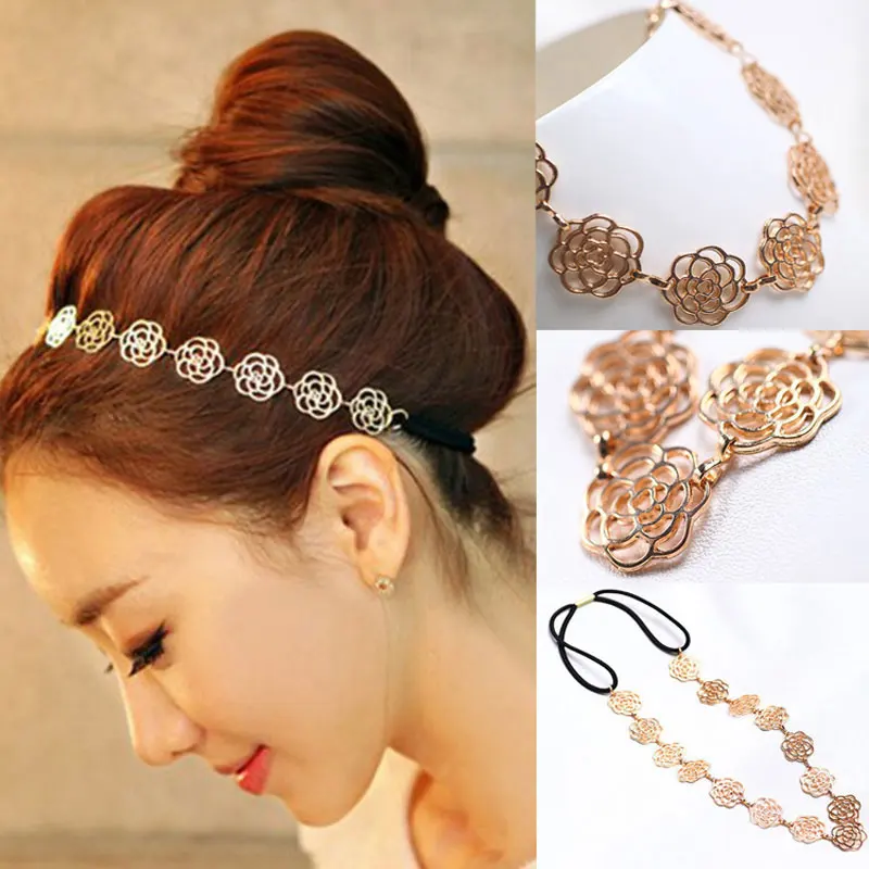 

1pcs Women's Fashion Metal Chain Jewelry Hollow Rose Flower Elastic Girl Headwear Flower Headband Hair Bands Hair Ring Jewelry