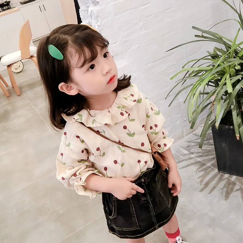 

2019 Fashion Spring Baby Girls Blouse Children Kids Long Sleeve Shirt Printed Cherry Girls Cotton Top Hot Sale 3-8T