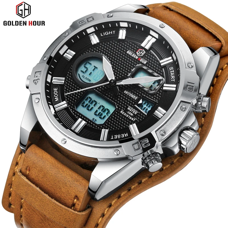 

GOLDENHOUR Top Brand Men Military Sport Watches Mens LED Analog Digital Watch Male Army Leather Quartz Clock Relogio Masculino