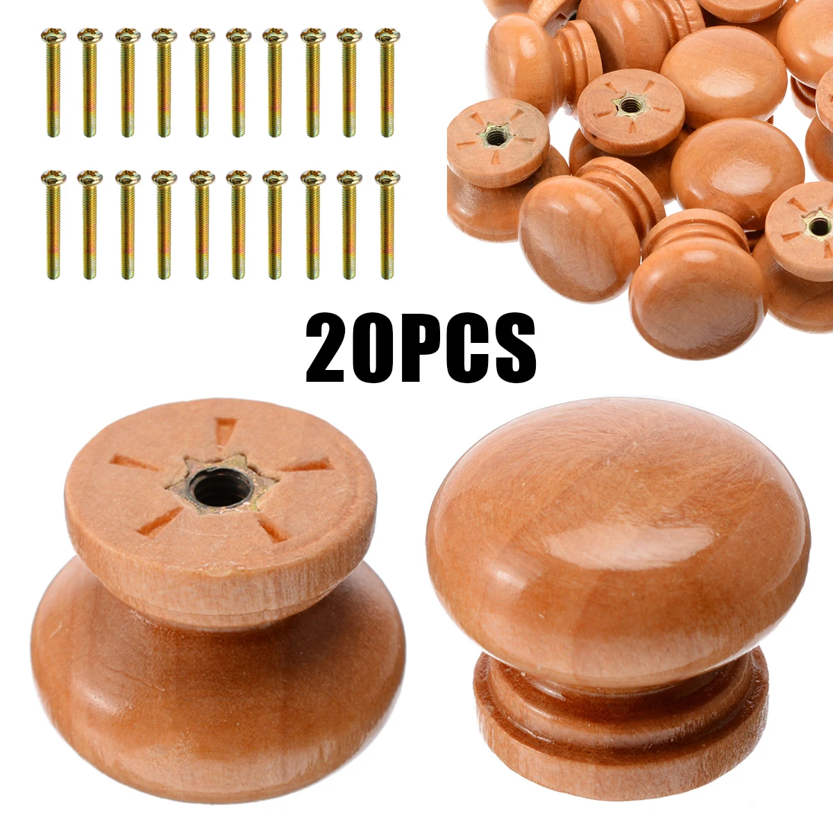 20pcs Round Natural Wooden Knob Cabinet Drawer Wardrobe Knobs Door Pull Kitchen Handle  with Screws For Furniture Hardware
