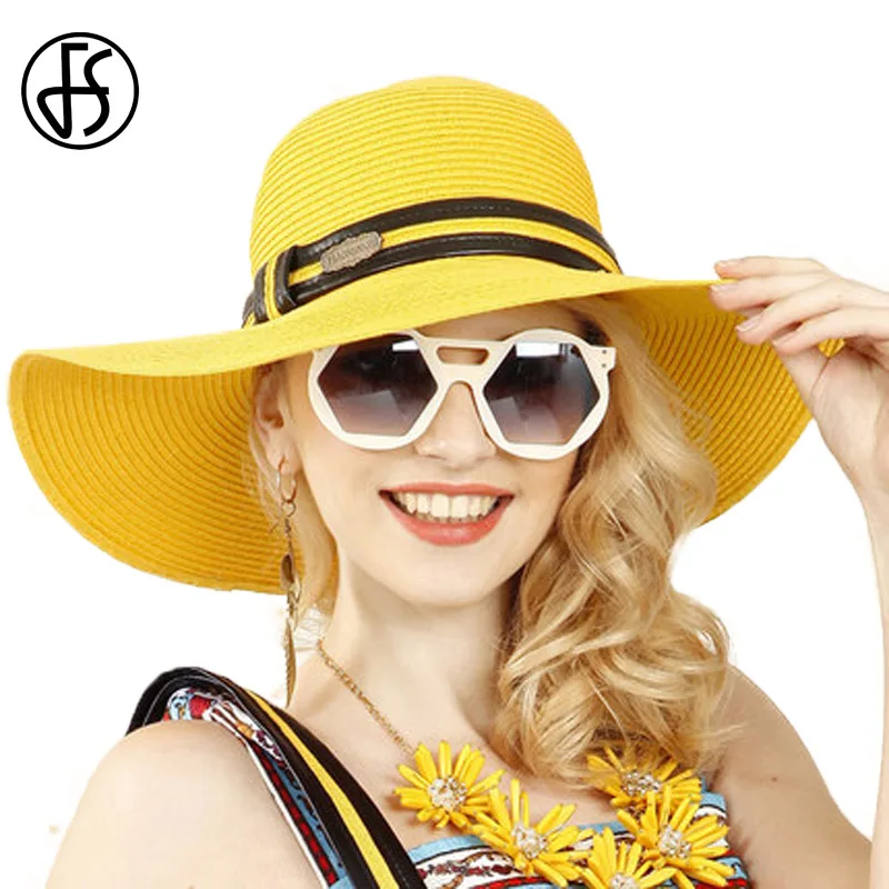 FS Vintage Ladies Yellow Straw Hat For Beach Women Summer Large Wide
