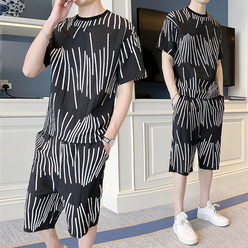 

Loldeal Striped Suit Men's Summer Short-sleeved T-shirt + Shorts Round Print Decoration Set Men's O-neck