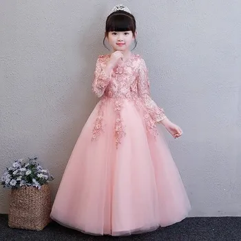 

2019 Kids Girls Lace Wedding Party Dress Kids Girls First Communion Gowns Children Pearls Appliques Tulle Princess Vestidos Q288