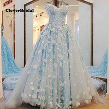 2017 spring summer off-the-shoulder lace flowers light blue wedding gown court train suit for pregnant bridal
