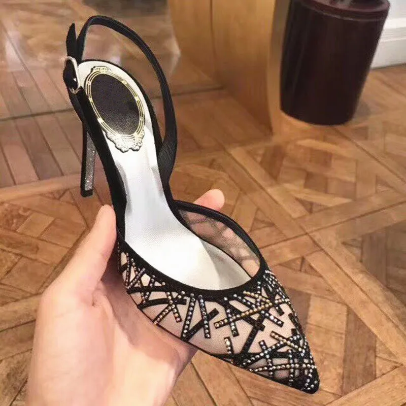 

Summer Brand Shoes Woman Black Slingback Crystal Pumps Pointed Toe Side Buckle Fastening High Stiletto Heel Sandal For Women