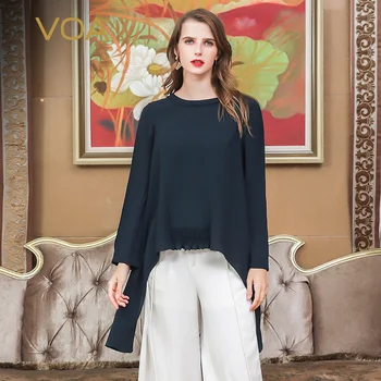 

VOA Harajuku Heavy Silk T Shirt Long Sleeve Women Tops Casual Pullover Loose Tee Navy Blue Elegant Luxury Ladies Clothing B910