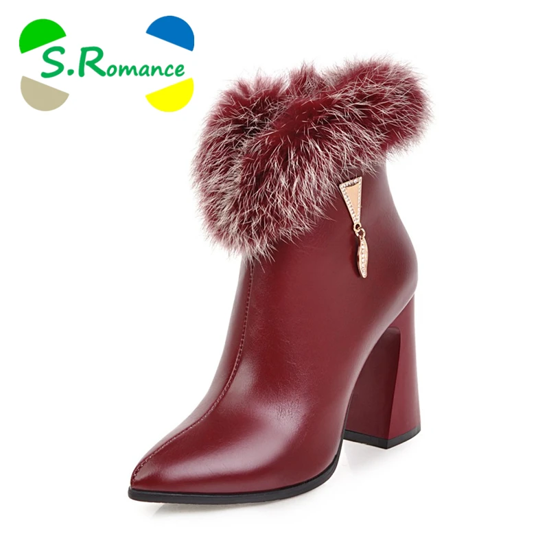 

S.Romance Women Ankle Boots Plus Size 34-43 High Heels Pointed Toe New Zip Woman Shoes Office Lady Winter Boots Red Beige SB1167