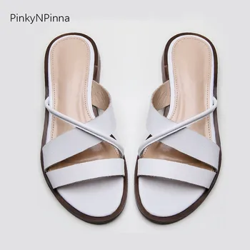 

women Bohemian flat slippers genuine leather cowhide cross ted toe strap white flip flops plus size 44 summer beach trendy shoes