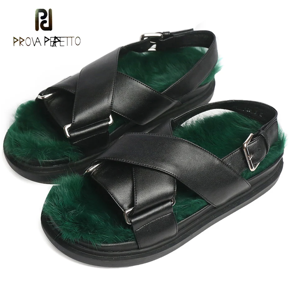 

Prova Perfetto new design real fur women flats gladiator sandals genuine leather cross strappy open toe thick sole casual sandal