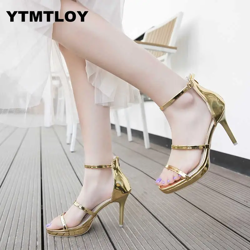 

New Women Sandals Patent Leather High Heels Shoes Gold Sexy Pumps Fashion Wedding stiletto Platform Zapatos De Mujer 2019