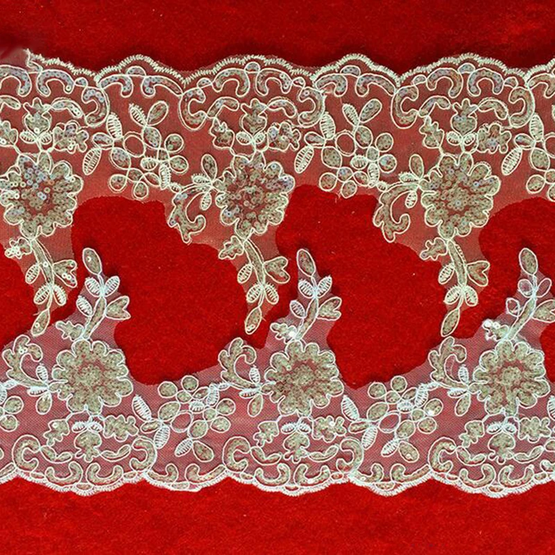 

9Yards Off White/White Sequins Lace Trim Venise Flower Embroidery Applique Glitter Bridal Wedding Dress Accessory DIY Craft