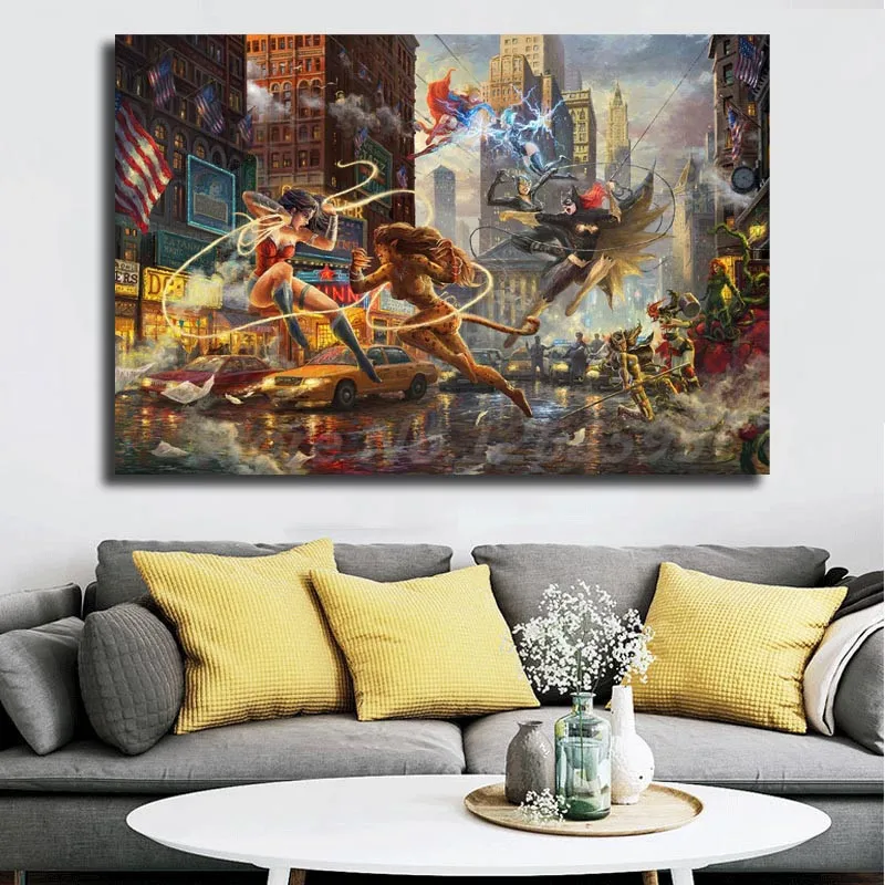 

Thomas Kinkade Women Of DC Wonder Woman Batman Canvas Painting Print Living Room Home Decor Modern Wall Art Oil Painting Poster