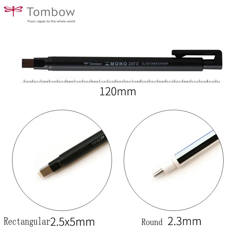 2 ricariche incluse Tombow Mono Zero colore nero Gomma di precisione a penna con punta rettangolare 