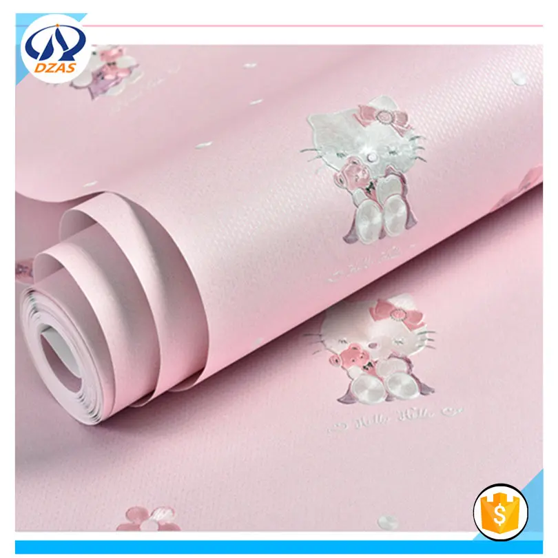 2018 Green cute cartoon cat Non-woven pink girl princess Bedroom Wallpaper03