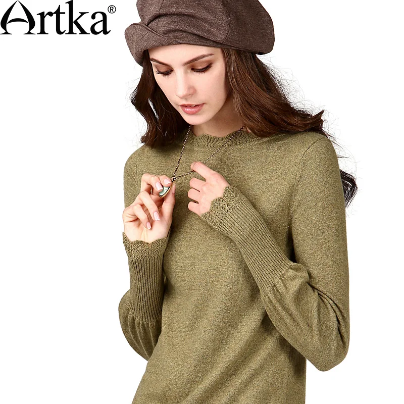 

ARTKA Women'S Autumn Vintage O-Neck Full Sleeve Solid Rib Plain Weave Ruffles All-Match Warm Cashmere Sweaters SC19147Q