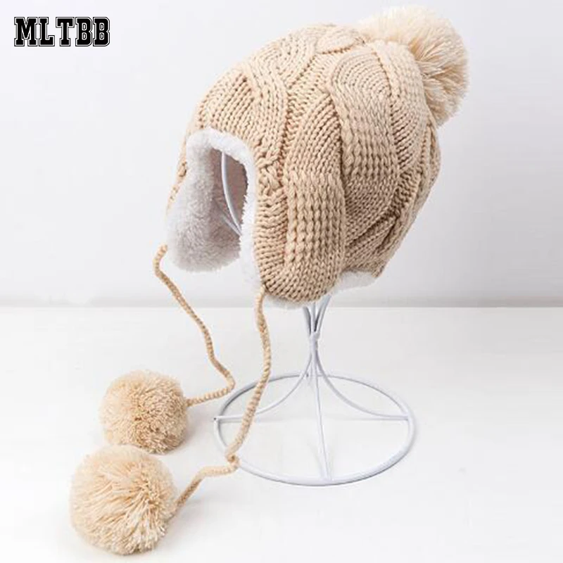 MLTBB/милая детская зимняя шапка с защитными ушами; теплая детская вязаная шапка для мальчиков и девочек; зимние шапочки; осенние шапки с помпонами