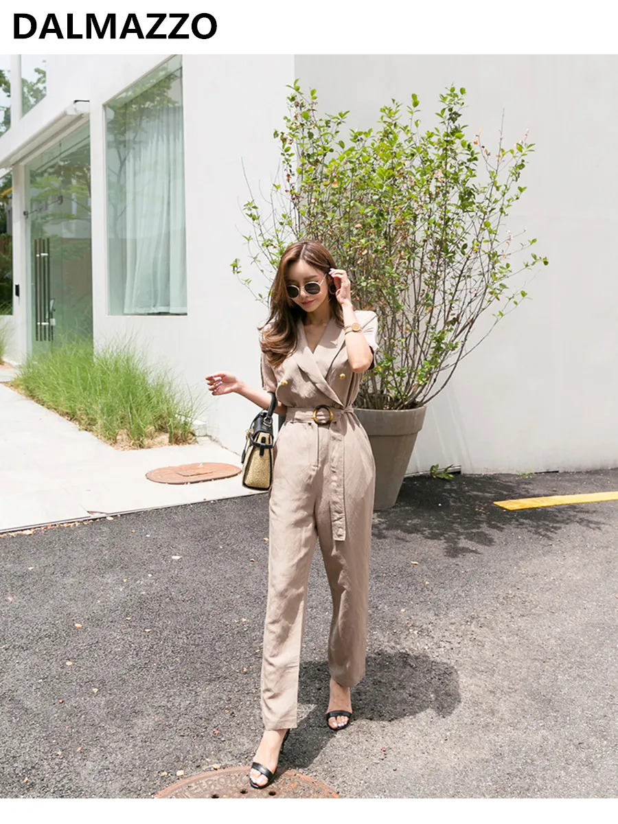 

High Quality 2019 Korean Summer Womans Fashion Designer Office Runway Rompers Long Trousers Women Suit Collar Belt Slim Jumpsuit
