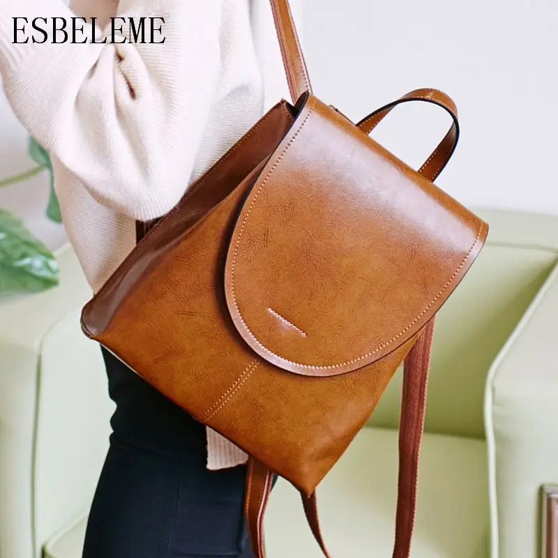 

ESBELEME Genuine Leather Women Backpacks for Female Oil Wax Vintage Backpack Cow Leather Ladies Double Shoulders Bags YG230