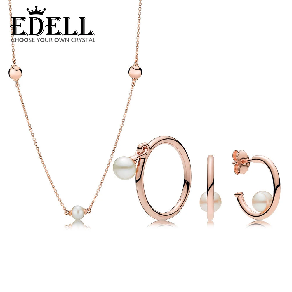 

EDELL 100% 925 Sterling Silver 1:1 RAU0537 Purely Ring Contemporary Pearls Hoop Earrings Necklace Fashion Winter Gift Set ROSE