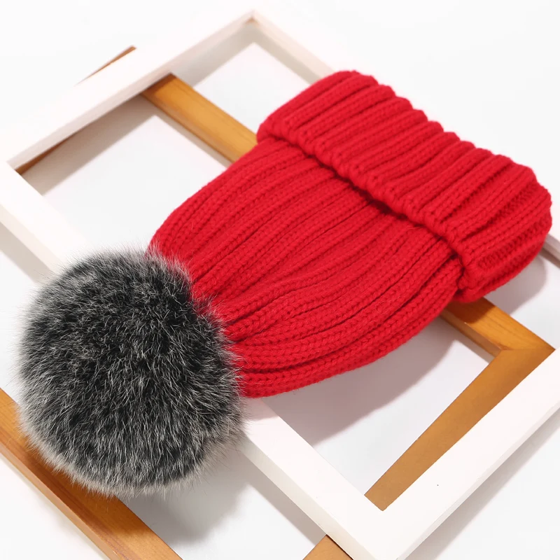 Real Fur Hat Knitted Real fox hair bulb Pom Pom Hat Women Winter Hat Unisex Kids Warm with wool Chunky Thick Stretchy Knit hat