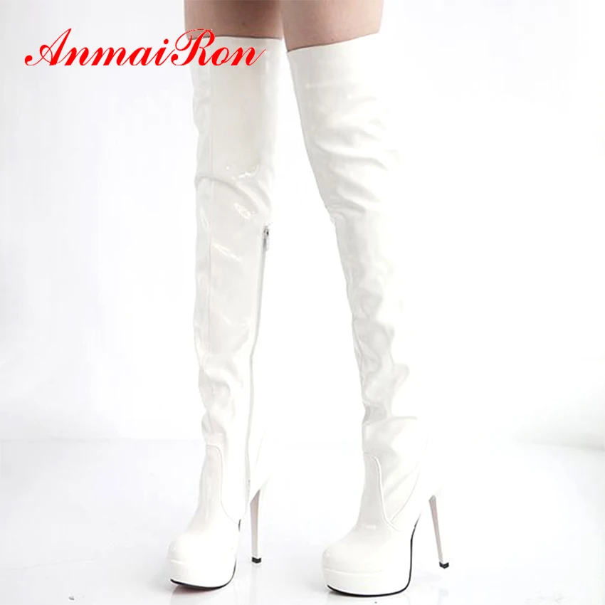 

ANMAIRON Patent Leather Nightclub Performance Boots Over-the-Knee Thin Heels Super High Round Toe Motorcycle Zip White Boots