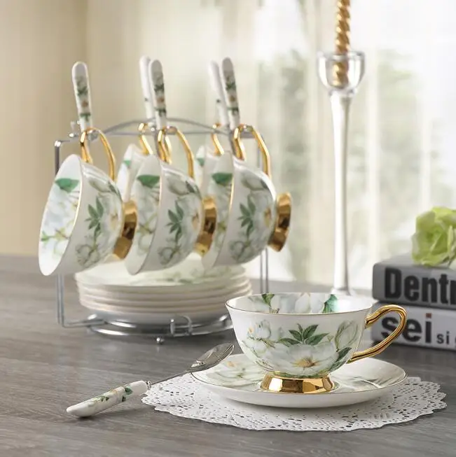 

180 ml Noble Ceramic set of 6 Tea Cup Set with spoon Bone China tableware florals gilded Coffee tea cups and saucer with rack