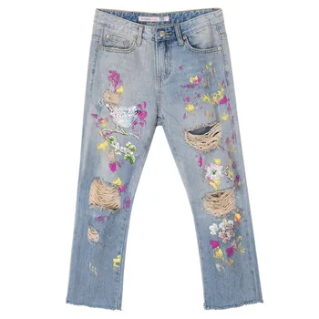 

Spring Summer Casual Woman's Printed Beading Embroidery Ripped Hole Ankle Length Denim Trousers Woman Washed Tassel Jeans Pants