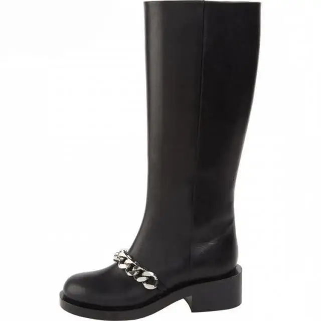 

Newest Women Boots Round Toe Fashion Special Sexy Knee-High Solide Winter Silver Chain Decoration Black Boots Free Shipping