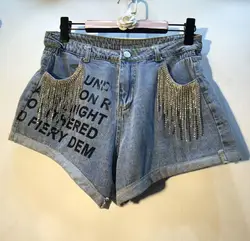 Европейский женский тонкий горячие брюки 2019 Летняя одежда новый бахромой бисера Алфавит печатных Высокая талия тонкий вьющиеся джинсовые