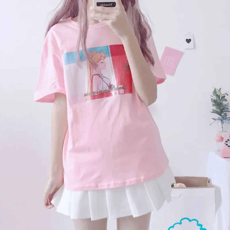 

Harajuku Kawaii Pink White T Shirt Tops Women Summer 2018 Korean Ulzzang Lolita Style Loose Tshirt Schoolgirl Cute Clothes G304