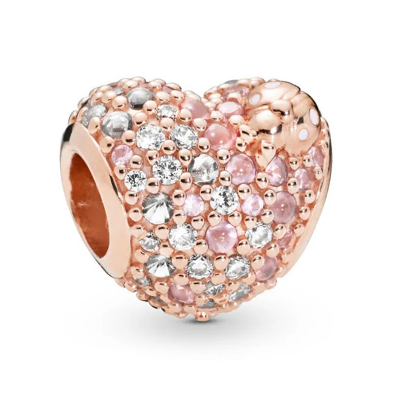 

2019 Spring New 925 Silver Bead Rose Gold Gleaming Ladybird Heart Charm Fit Original Pandora Bracelet for Women DIY Jewelry Gift