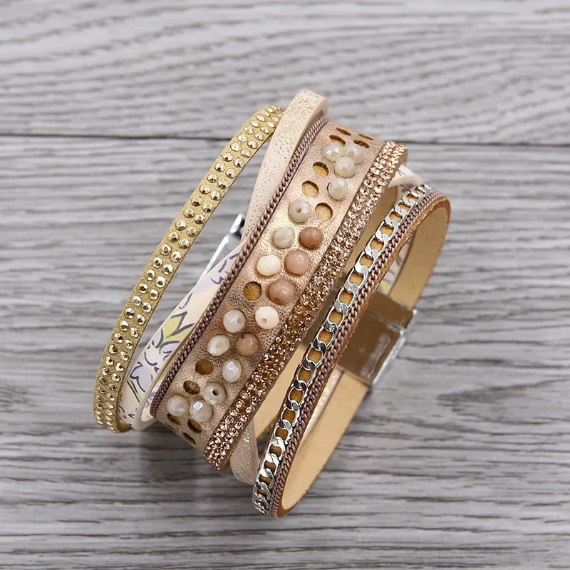

STRATHSPEY Multilayer Crystal Beads Wrap Bracelets For Women Boho Chain Leather Bracelet Ethnic Rhinestone Wristband with Cross