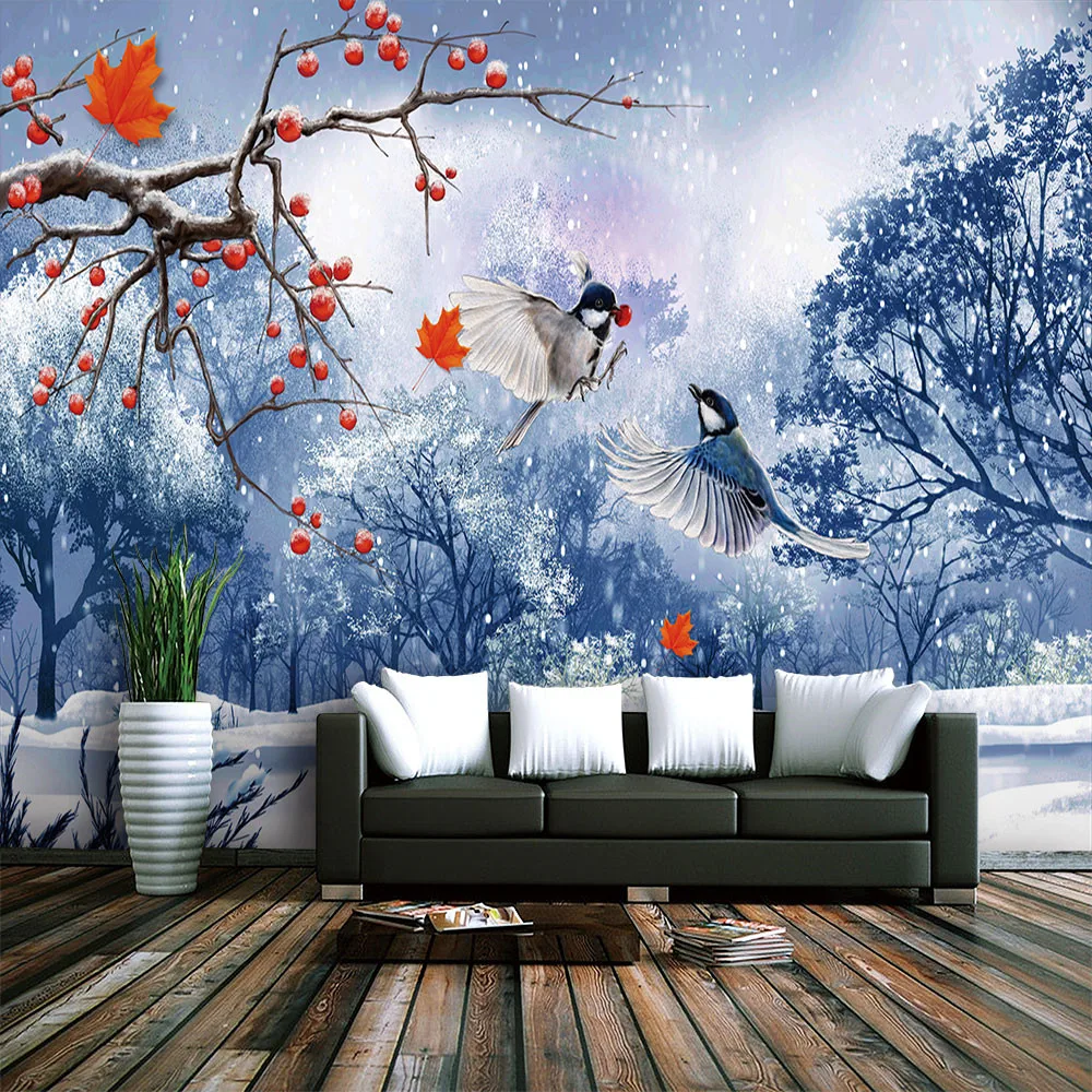 

Custom 3d wallpaper winter snow landscape trees flying bird living room bedroom wall decoration - high-grade waterproof material