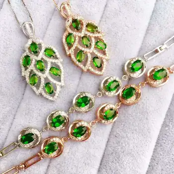 

Fidelity Natural diopside s925 sterling silver fine jewelry sets natural green gemstone Bracelet Pendant Leaves jewelry women